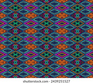 Modern geometric pattern with diamonds, triangle, stripes, diagonal and square lines art. Ikat print. Zigzag chevron abstract op-art illustration. Trendy bauhaus pattern. Scandinavian, African rug.