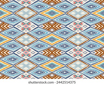 Modern geometric pattern with diamonds, triangle, stripes, diagonal and square lines art. Ikat print. Zigzag chevron abstract op-art illustration. Trendy bauhaus pattern. Scandinavian, African rug.