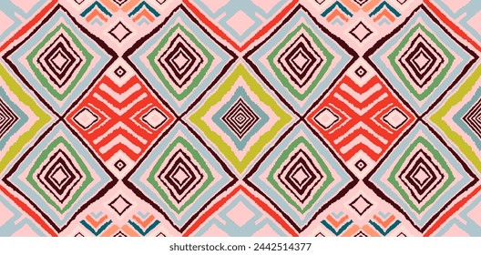 Modern geometric pattern with diamonds, triangle, stripes, diagonal and square lines art. Ikat print. Zigzag chevron abstract op-art illustration. Trendy bauhaus pattern. Scandinavian, African rug.