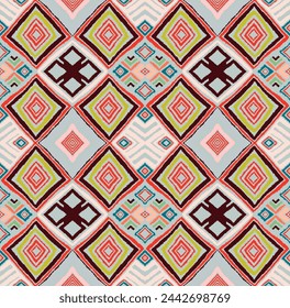 Modern geometric pattern with diamonds, triangle, stripes, diagonal and square lines art. Ikat print. Zigzag chevron abstract op-art illustration. Trendy bauhaus pattern. Scandinavian, African rug.