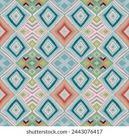 Modern geometric pattern with diamonds, triangle, stripes, diagonal and square lines art. Ikat print. Zigzag chevron abstract op-art illustration. Trendy bauhaus pattern. Scandinavian, African rug.