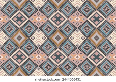 Modernes geometrisches Muster mit Diamanten, Dreieck, Streifen, diagonalen und quadratischen Linien. Zickzack Chevron abstrakte Top-Art-Illustration. Trendiges Bauhaus-Muster. Skandinavischer, afrikanischer Teppich.