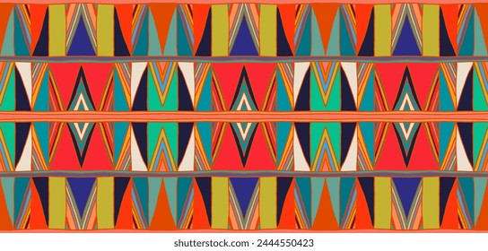 Modern geometric pattern with diamonds, triangle, stripes, diagonal and square lines art. Ikat print. Zigzag chevron abstract op-art illustration. Trendy bauhaus pattern. Scandinavian, African rug.