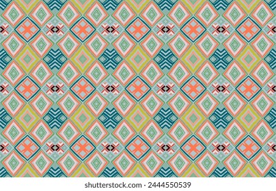 Modern geometric pattern with diamonds, triangle, stripes, diagonal and square lines art. Ikat print. Zigzag chevron abstract op-art illustration. Trendy bauhaus pattern. Scandinavian, African rug.
