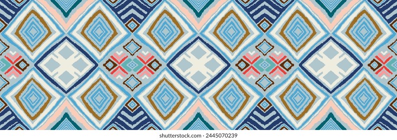 Modern geometric pattern with diamonds, triangle, stripes, diagonal and square lines art. Ikat print. Zigzag chevron abstract op-art illustration. Trendy bauhaus pattern. Scandinavian, African rug.