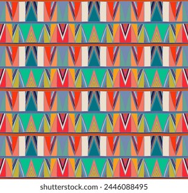 Modern geometric pattern with diamonds, triangle, stripes, diagonal and square lines art. Ikat print. Zigzag chevron abstract op-art illustration. Trendy bauhaus pattern. Scandinavian, African rug.