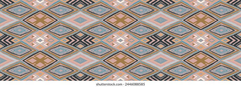 Modern geometric pattern with diamonds, triangle, stripes, diagonal and square lines art. Ikat print. Zigzag chevron abstract op-art illustration. Trendy bauhaus pattern. Scandinavian, African rug.
