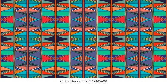 Modern geometric pattern with diamonds, triangle, stripes, diagonal and square lines art. Ikat print. Zigzag chevron abstract op-art illustration. Trendy bauhaus pattern. Scandinavian, African rug.
