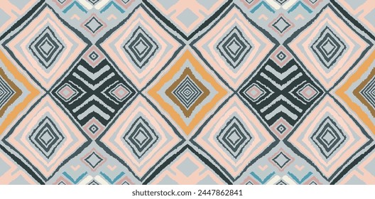 Modern geometric pattern with diamonds, triangle, stripes, diagonal and square lines art. Ikat print. Zigzag chevron abstract op-art illustration. Trendy bauhaus pattern. Scandinavian, African rug.