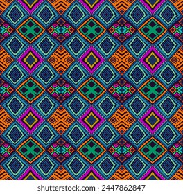 Modern geometric pattern with diamonds, triangle, stripes, diagonal and square lines art. Ikat print. Zigzag chevron abstract op-art illustration. Trendy bauhaus pattern. Scandinavian, African rug.