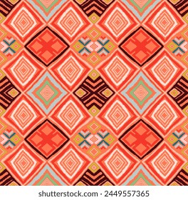 Modern geometric pattern with diamonds, triangle, stripes, diagonal and square lines art. Ikat print. Zigzag chevron abstract op-art illustration. Trendy bauhaus pattern. Scandinavian, African rug.