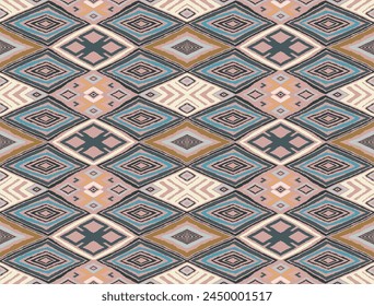 Modern geometric pattern with diamonds, triangle, stripes, diagonal and square lines art. Ikat print. Zigzag chevron abstract op-art illustration. Trendy bauhaus pattern. Scandinavian, African rug.