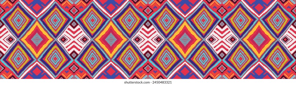 Modern geometric pattern with diamonds, triangle, stripes, diagonal and square lines art. Ikat print. Zigzag chevron abstract op-art illustration. Trendy bauhaus pattern. Scandinavian, African rug.