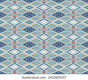 Modern geometric pattern with diamonds, triangle, stripes, diagonal and square lines art. Ikat print. Zigzag chevron abstract op-art illustration. Trendy bauhaus pattern. Scandinavian, African rug.