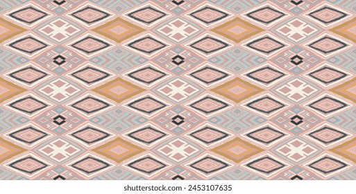 Modernes geometrisches Muster mit Diamanten, Dreieck, Streifen, diagonalen und quadratischen Linien. Zickzack Chevron abstrakte Top-Art-Illustration. Trendiges Bauhaus-Muster. Skandinavischer, afrikanischer Teppich.