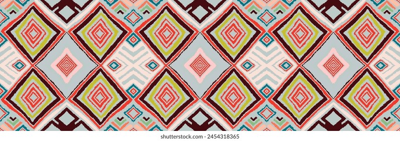 Modern geometric pattern with diamonds, triangle, stripes, diagonal and square lines art. Ikat print. Zigzag chevron abstract op-art illustration. Trendy bauhaus pattern. Scandinavian, African rug.