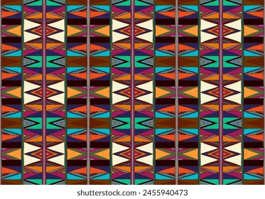 Modern geometric pattern with diamonds, triangle, stripes, diagonal and square lines art. Ikat print. Zigzag chevron abstract op-art illustration. Trendy bauhaus pattern. Scandinavian, African rug.