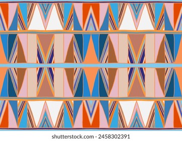 Modern geometric pattern with diamonds, triangle, stripes, diagonal and square lines art. Ikat print. Zigzag chevron abstract op-art illustration. Trendy bauhaus pattern. Scandinavian, African rug.