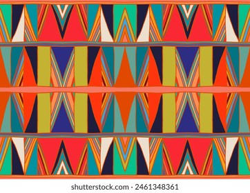 Modern geometric pattern with diamonds, triangle, stripes, diagonal and square lines art. Ikat print. Zigzag chevron abstract op-art illustration. Trendy bauhaus pattern. Scandinavian, African rug.
