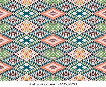 Modern geometric pattern with diamonds, triangle, stripes, diagonal and square lines art. Ikat print. Zigzag chevron abstract op-art illustration. Trendy bauhaus pattern. Scandinavian, African rug.