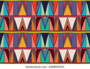 Modernes geometrisches Muster mit Diamanten, Dreieck, Streifen, diagonalen und quadratischen Linien. Zickzack Chevron abstrakte Top-Art-Illustration. Trendiges Bauhaus-Muster. Skandinavischer, afrikanischer Teppich.