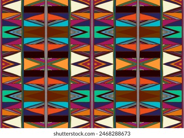Modern geometric pattern with diamonds, triangle, stripes, diagonal and square lines art. Ikat print. Zigzag chevron abstract op-art illustration. Trendy bauhaus pattern. Scandinavian, African rug.
