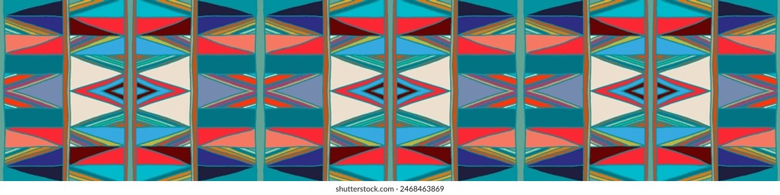 Modern geometric pattern with diamonds, triangle, stripes, diagonal and square lines art. Ikat print. Zigzag chevron abstract op-art illustration. Trendy bauhaus pattern. Scandinavian, African rug.