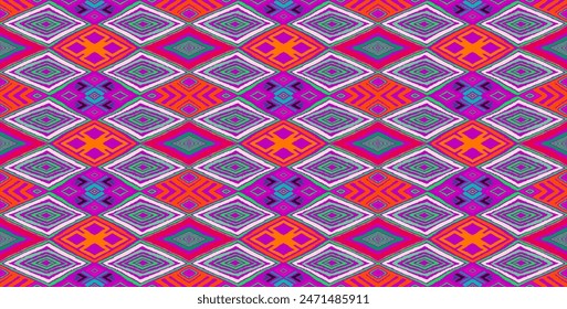 Modern geometric pattern with diamonds, triangle, stripes, diagonal and square lines art. Ikat print. Zigzag chevron abstract op-art illustration. Trendy bauhaus pattern. Scandinavian, African rug.