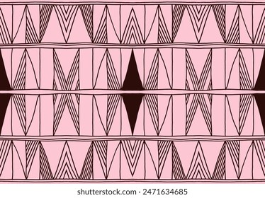 Modern geometric pattern. Diamonds, triangle, stripes, diagonal lines art. Retro futuristic background. Minimalistic figures. Ikat zigzag chevron op-art, bauhaus print. Scandinavian, African rug