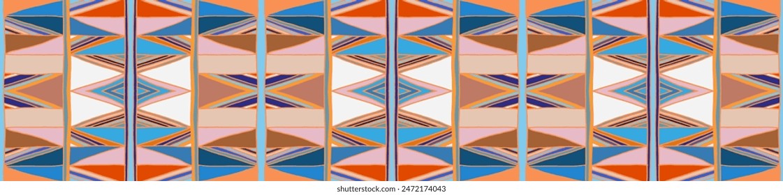 Modern geometric pattern with diamonds, triangle, stripes, diagonal and square lines art. Ikat print. Zigzag chevron abstract op-art illustration. Trendy bauhaus pattern. Scandinavian, African rug.