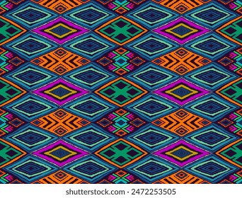 Modern geometric pattern with diamonds, triangle, stripes, diagonal and square lines art. Ikat print. Zigzag chevron abstract op-art illustration. Trendy bauhaus pattern. Scandinavian, African rug.