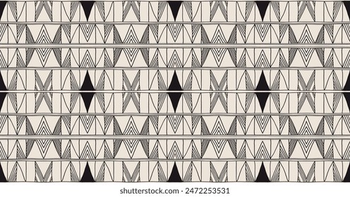 Modern geometric pattern. Diamonds, triangle, stripes, diagonal lines art. Retro futuristic background. Minimalistic figures. Ikat zigzag chevron op-art, bauhaus print. Scandinavian, African rug