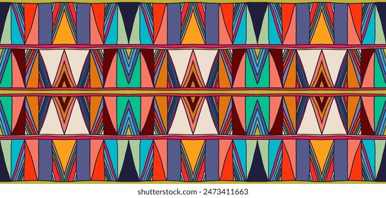 Modern geometric pattern with diamonds, triangle, stripes, diagonal and square lines art. Ikat print. Zigzag chevron abstract op-art illustration. Trendy bauhaus pattern. Scandinavian, African rug.