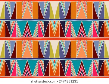 Modern geometric pattern with diamonds, triangle, stripes, diagonal and square lines art. Ikat print. Zigzag chevron abstract op-art illustration. Trendy bauhaus pattern. Scandinavian, African rug.