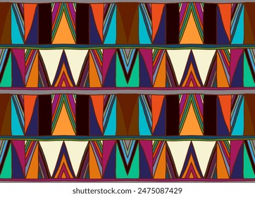 Modern geometric pattern with diamonds, triangle, stripes, diagonal and square lines art. Ikat print. Zigzag chevron abstract op-art illustration. Trendy bauhaus pattern. Scandinavian, African rug.