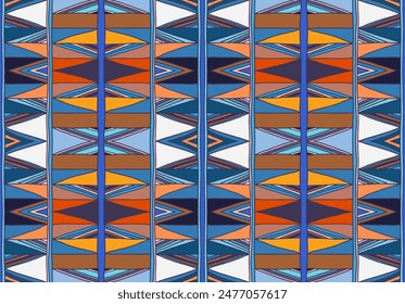 Modern geometric pattern with diamonds, triangle, stripes, diagonal and square lines art. Ikat print. Zigzag chevron abstract op-art illustration. Trendy bauhaus pattern. Scandinavian, African rug.