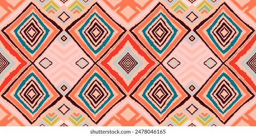 Modern geometric pattern with diamonds, triangle, stripes, diagonal and square lines art. Ikat print. Zigzag chevron abstract op-art illustration. Trendy bauhaus pattern. Scandinavian, African rug.