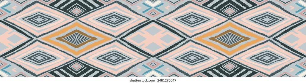 Modern geometric pattern with diamonds, triangle, stripes, diagonal and square lines art. Ikat print. Zigzag chevron abstract op-art illustration. Trendy bauhaus pattern. Scandinavian, African rug.