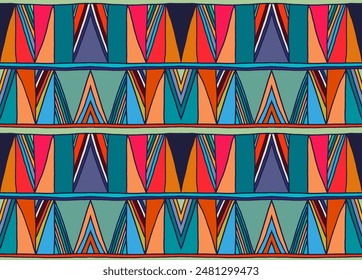 Modern geometric pattern with diamonds, triangle, stripes, diagonal and square lines art. Ikat print. Zigzag chevron abstract op-art illustration. Trendy bauhaus pattern. Scandinavian, African rug.