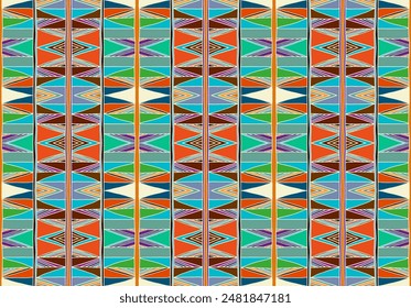 Modern geometric pattern with diamonds, triangle, stripes, diagonal and square lines art. Ikat print. Zigzag chevron abstract op-art illustration. Trendy bauhaus pattern. Scandinavian, African rug.