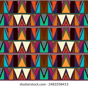 Modern geometric pattern with diamonds, triangle, stripes, diagonal and square lines art. Ikat print. Zigzag chevron abstract op-art illustration. Trendy bauhaus pattern. Scandinavian, African rug.