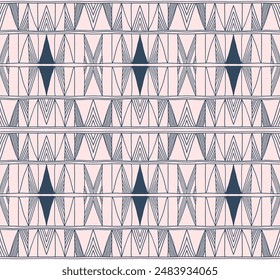 Modern geometric pattern. Diamonds, triangle, stripes, diagonal lines art. Retro futuristic background. Minimalistic figures. Ikat zigzag chevron op-art, bauhaus print. Scandinavian, African rug