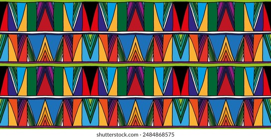 Modern geometric pattern with diamonds, triangle, stripes, diagonal and square lines art. Ikat print. Zigzag chevron abstract op-art illustration. Trendy bauhaus pattern. Scandinavian, African rug.