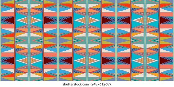 Modern geometric pattern with diamonds, triangle, stripes, diagonal and square lines art. Ikat print. Zigzag chevron abstract op-art illustration. Trendy bauhaus pattern. Scandinavian, African rug.