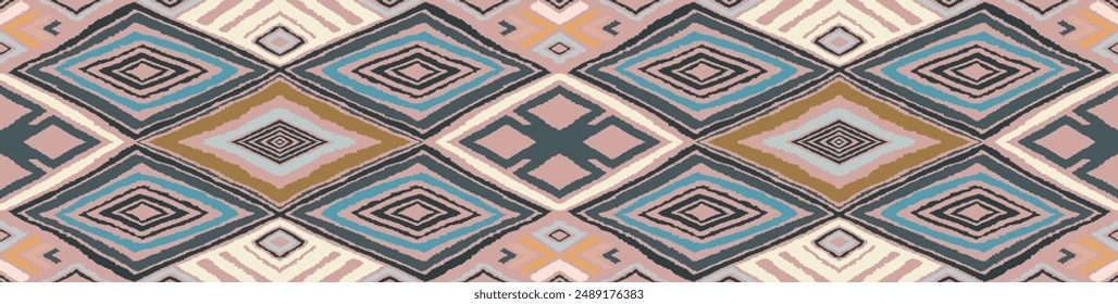 Modern geometric pattern with diamonds, triangle, stripes, diagonal and square lines art. Ikat print. Zigzag chevron abstract op-art illustration. Trendy bauhaus pattern. Scandinavian, African rug.
