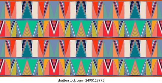 Modern geometric pattern with diamonds, triangle, stripes, diagonal and square lines art. Ikat print. Zigzag chevron abstract op-art illustration. Trendy bauhaus pattern. Scandinavian, African rug.