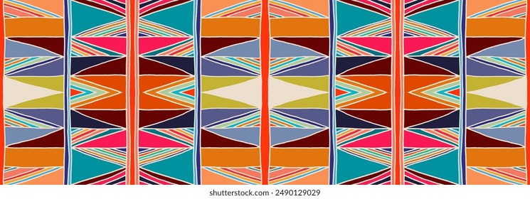 Modern geometric pattern with diamonds, triangle, stripes, diagonal and square lines art. Ikat print. Zigzag chevron abstract op-art illustration. Trendy bauhaus pattern. Scandinavian, African rug.