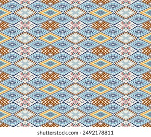 Modern geometric pattern with diamonds, triangle, stripes, diagonal and square lines art. Ikat print. Zigzag chevron abstract op-art illustration. Trendy bauhaus pattern. Scandinavian, African rug.
