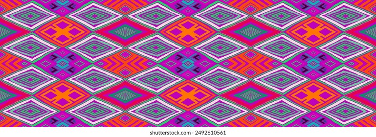 Modern geometric pattern with diamonds, triangle, stripes, diagonal and square lines art. Ikat print. Zigzag chevron abstract op-art illustration. Trendy bauhaus pattern. Scandinavian, African rug.