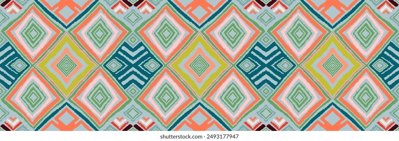 Modern geometric pattern with diamonds, triangle, stripes, diagonal and square lines art. Ikat print. Zigzag chevron abstract op-art illustration. Trendy bauhaus pattern. Scandinavian, African rug.